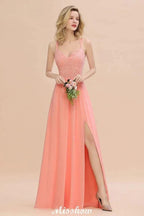 Spaghetti Slim Side Split Bridesmaid Dress Sky Blue V-Neck Wedding Party Dress by misshow.com