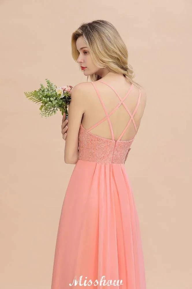 Spaghetti Slim Side Split Bridesmaid Dress Sky Blue V-Neck Wedding Party Dress by misshow.com