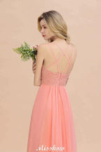 Spaghetti Slim Side Split Bridesmaid Dress Sky Blue V-Neck Wedding Party Dress by misshow.com