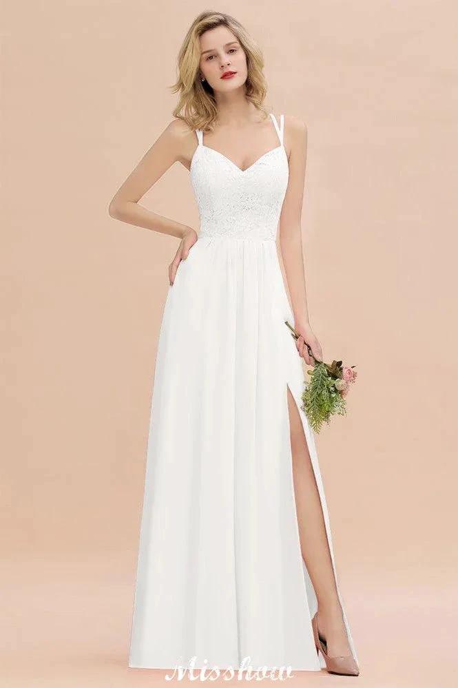 Spaghetti Slim Side Split Bridesmaid Dress Sky Blue V-Neck Wedding Party Dress by misshow.com