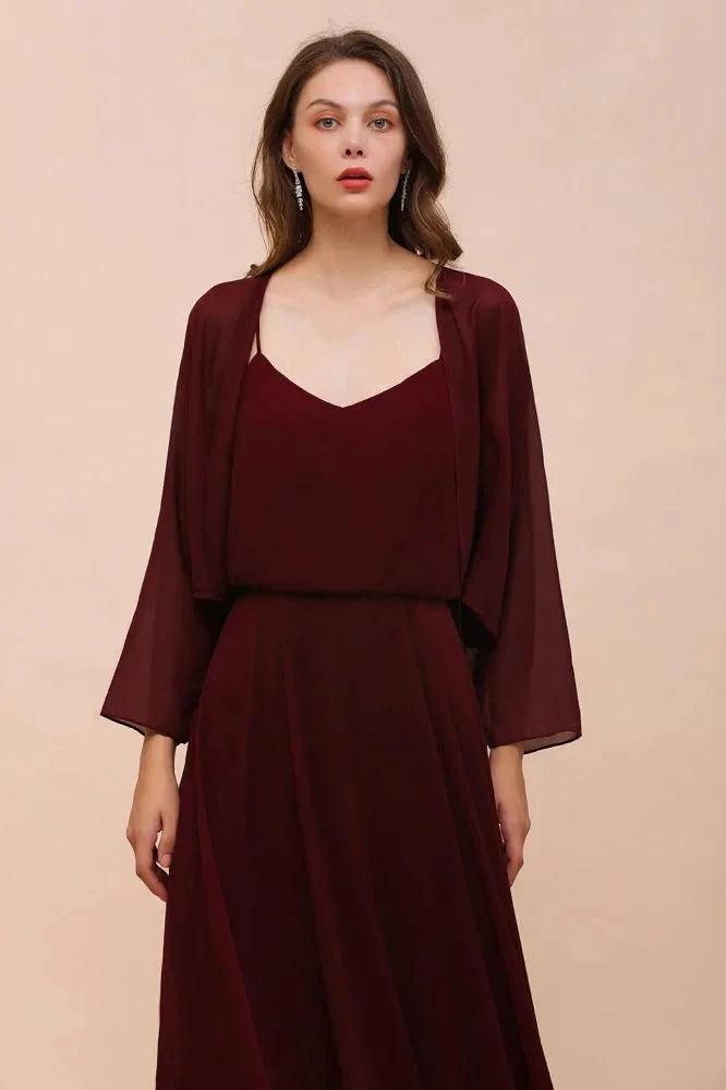 Spaghetti Sraps Burgundy Bridesmaid Dress with Wraps Floor Length Wedding Guest Dres by misshow.com