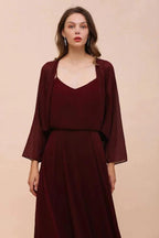 Spaghetti Sraps Burgundy Bridesmaid Dress with Wraps Floor Length Wedding Guest Dres by misshow.com