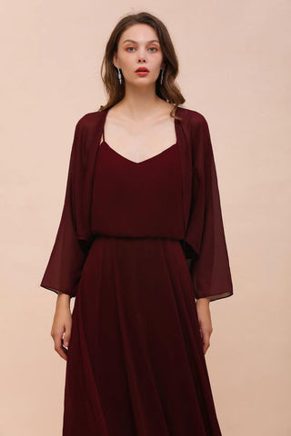 Vestido de dama de honor burdeos con tirantes finos y envolturas hasta el suelo, vestido de invitada de boda