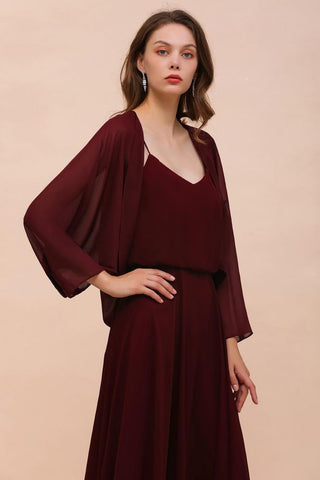 Vestido de dama de honor burdeos con tirantes finos y envolturas hasta el suelo, vestido de invitada de boda