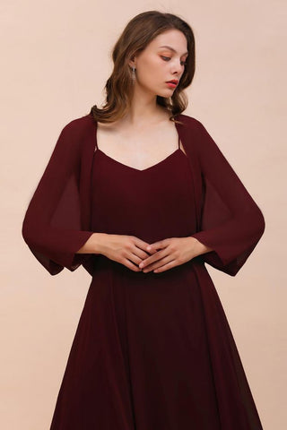 Vestido de dama de honor burdeos con tirantes finos y envolturas hasta el suelo, vestido de invitada de boda