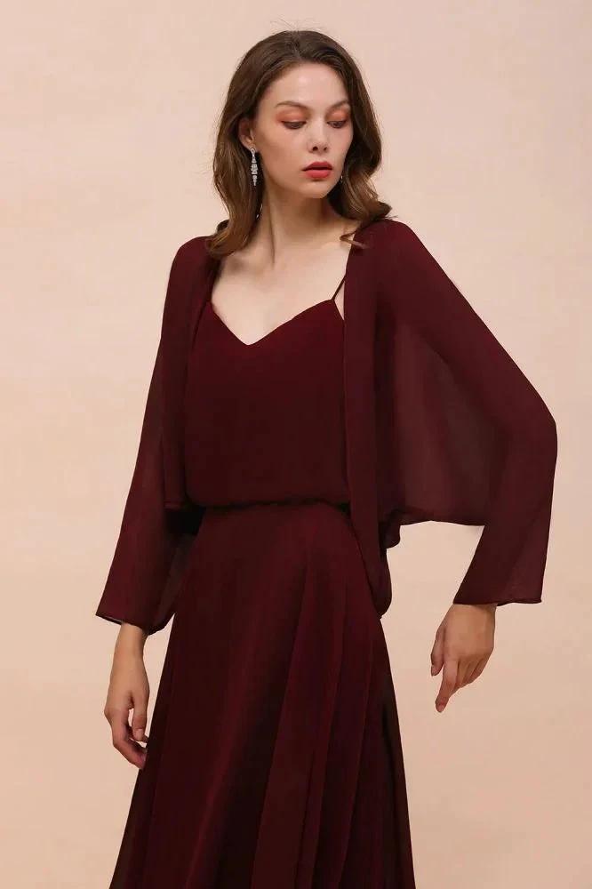Spaghetti Sraps Burgundy Bridesmaid Dress with Wraps Floor Length Wedding Guest Dres by misshow.com