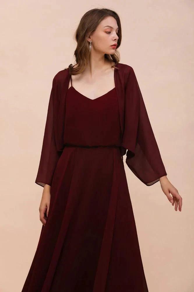 Spaghetti Sraps Burgundy Bridesmaid Dress with Wraps Floor Length Wedding Guest Dres by misshow.com