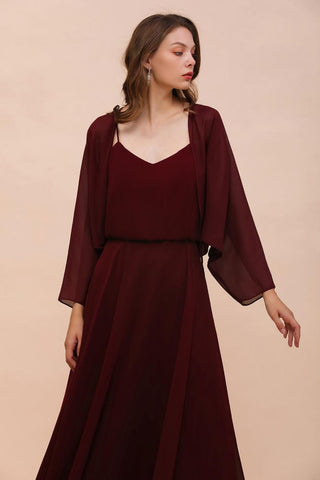 Vestido de dama de honor burdeos con tirantes finos y envolturas hasta el suelo, vestido de invitada de boda
