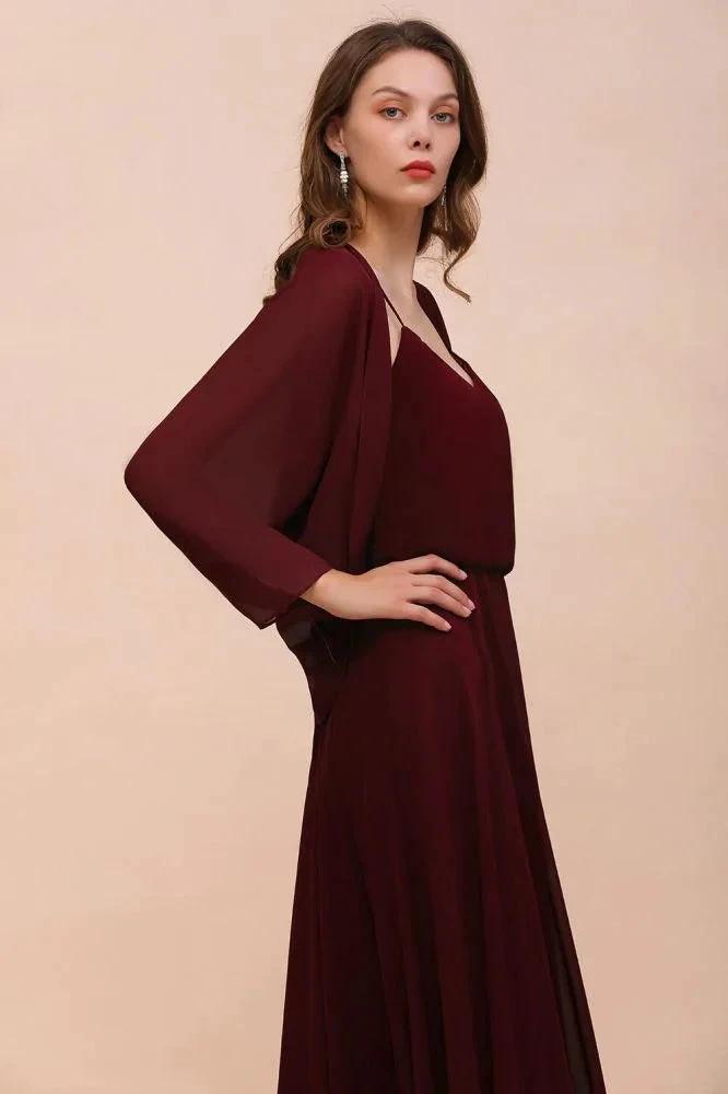Spaghetti Sraps Burgundy Bridesmaid Dress with Wraps Floor Length Wedding Guest Dres by misshow.com