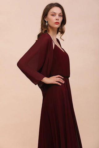 Vestido de dama de honor burdeos con tirantes finos y envolturas hasta el suelo, vestido de invitada de boda
