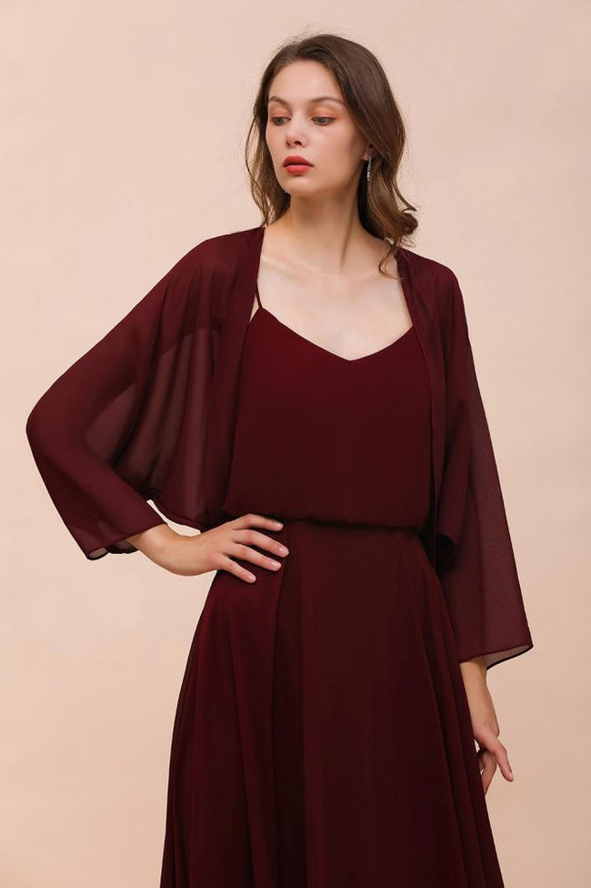 Spaghetti Sraps Burgundy Bridesmaid Dress with Wraps Floor Length Wedding Guest Dres Hover Image