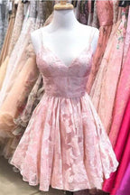 Spaghetti Strap Homecoming Dresses Jacquard V Neck Short Prom Dress PD392 by pgmdress