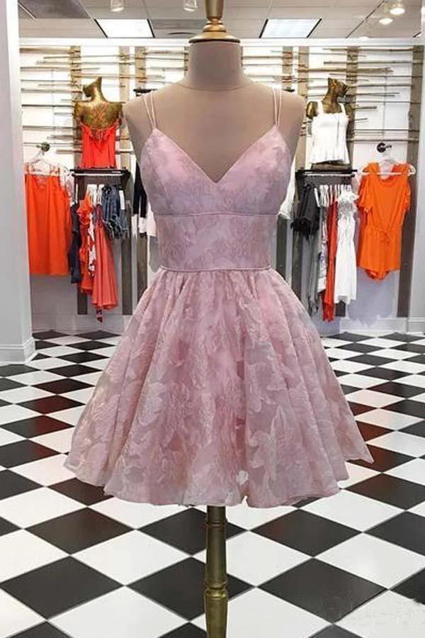 Spaghetti Strap Homecoming Dresses Jacquard V Neck Short Prom Dress PD392 by pgmdress