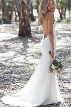 Spaghetti Strap Lace Beach Backless V Neck Sweep Train Long Elegant Wedding Dresses by misshow.com