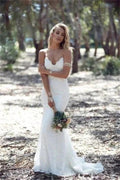 Spaghetti Strap Lace Beach Backless V Neck Sweep Train Long Elegant Wedding Dresses by misshow.com