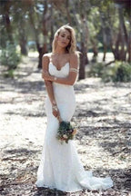Spaghetti Strap Lace Beach Backless V Neck Sweep Train Long Elegant Wedding Dresses by misshow.com