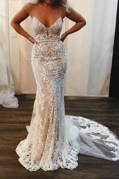 Spaghetti Strap Pretty Mermaid Lace Applique Long Train Elegant Wedding Dresses by misshow.com