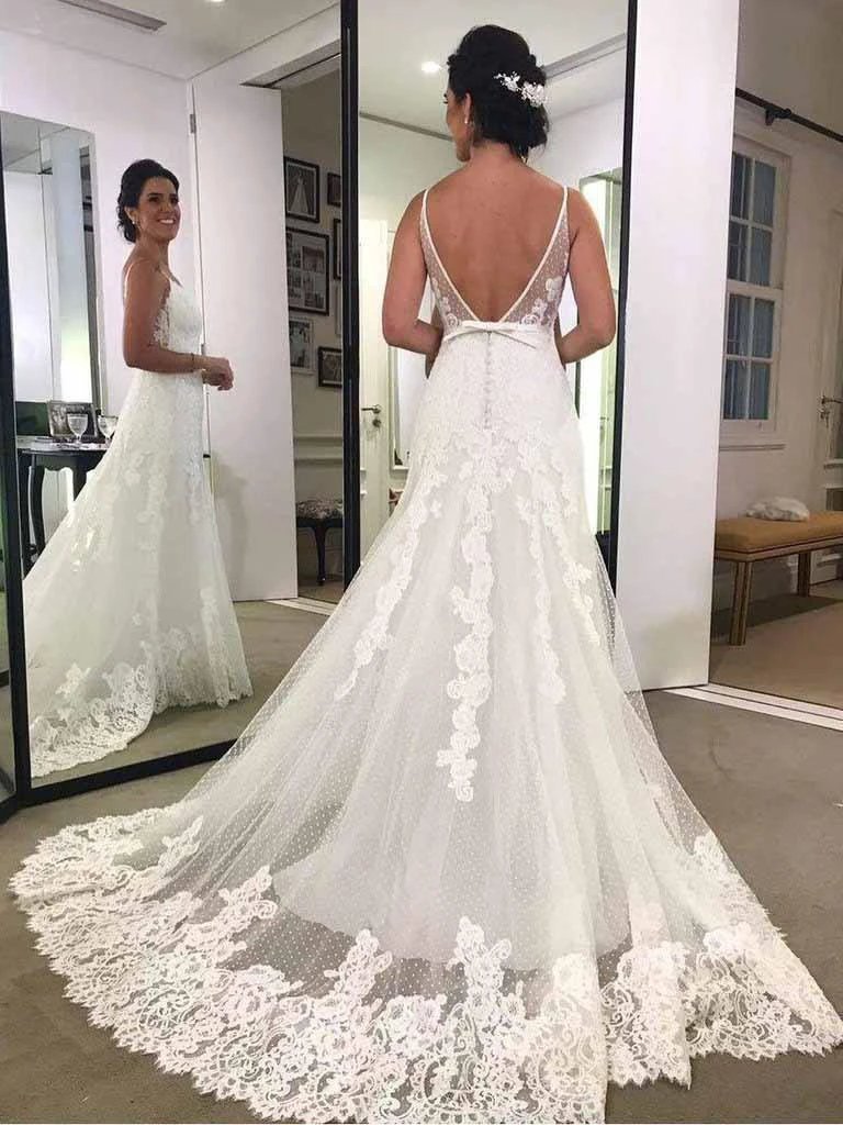 Spaghetti Strap Printed Backless Lace Beach Wedding Dresses with Sash WD428 by pgmdress