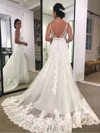 Spaghetti Strap Printed Backless Lace Beach Wedding Dresses with Sash WD428 by pgmdress
