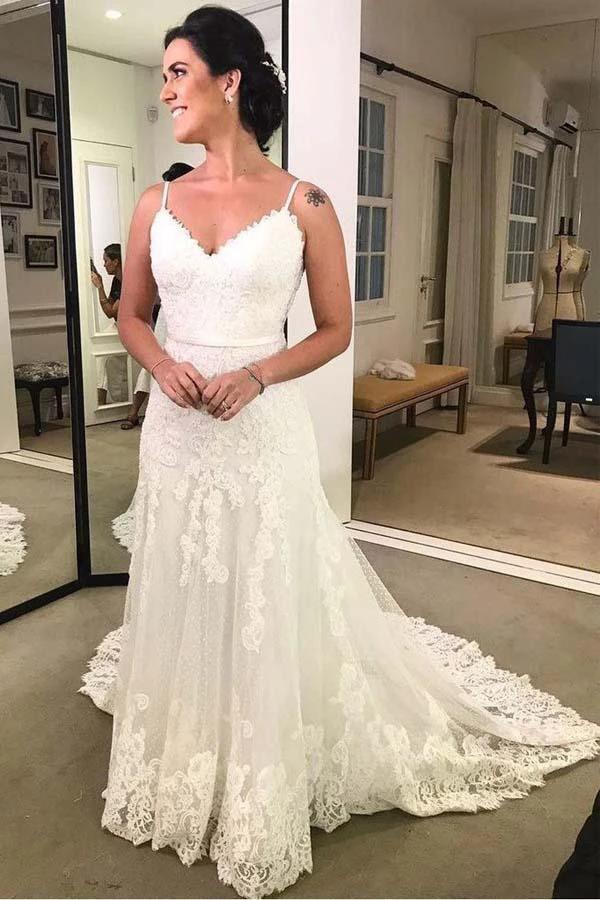 Spaghetti Strap Printed Backless Lace Beach Wedding Dresses with Sash WD428 by pgmdress