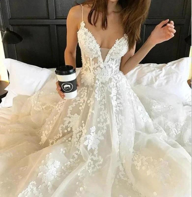 Spaghetti Strap V Neck Beach Court Train Tulle Elegant Wedding Dresses with Lace by misshow.com
