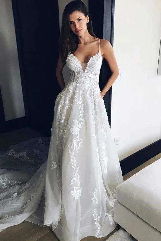 Spaghetti Strap V Neck Beach Court Train Tulle Elegant Wedding Dresses with Lace by misshow.com