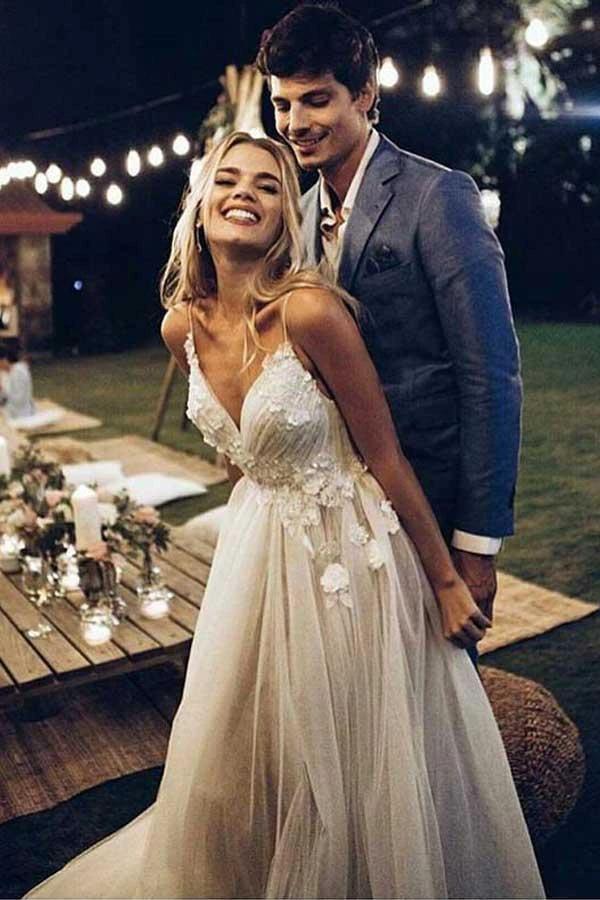 Spaghetti Strap V Neck Beach Wedding Dresses Backless Bridal Dresses WD285 by pgmdress