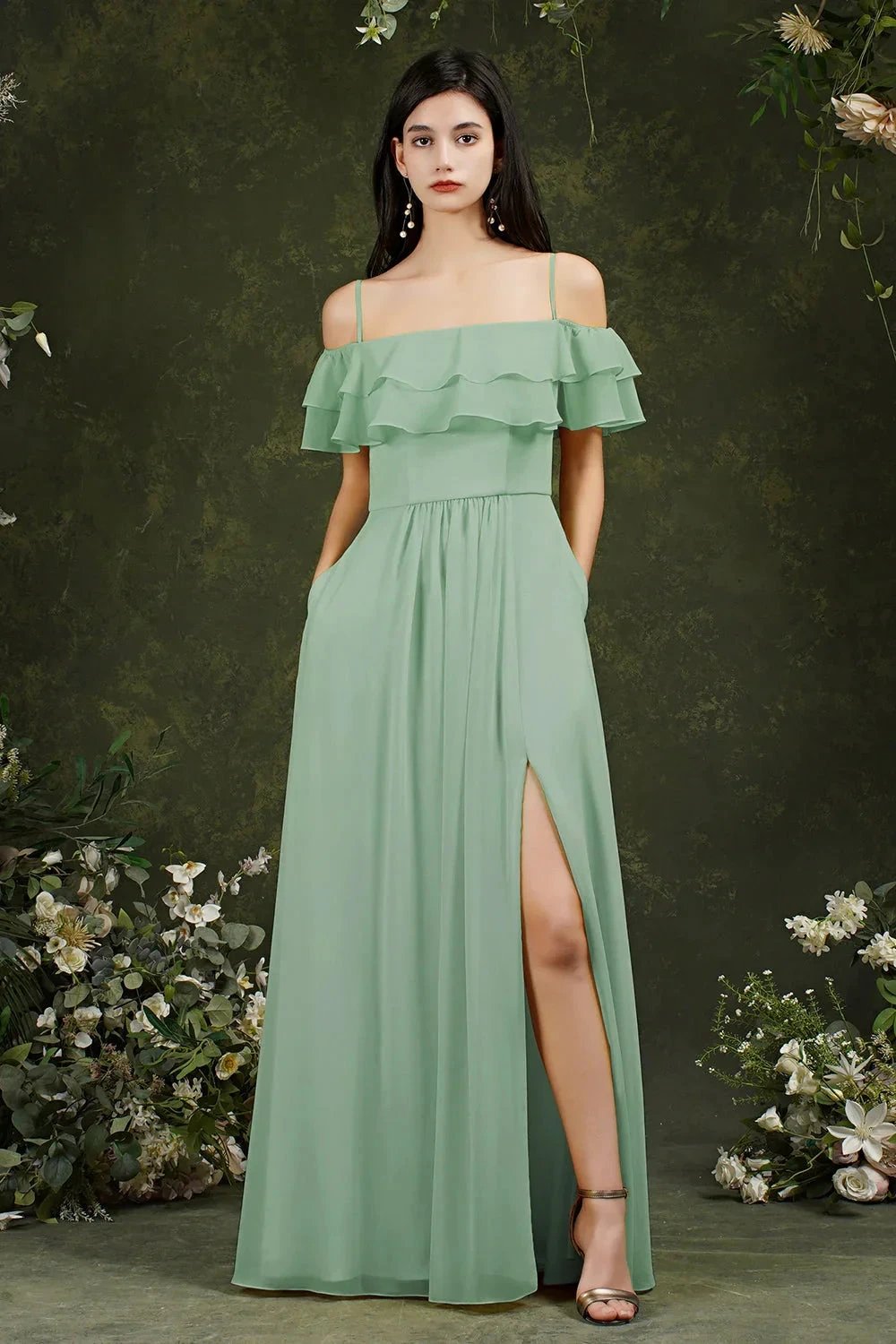 Spaghetti Strapes Off-the-shoulder Split Front Tulle Prom Dress by misshow.com