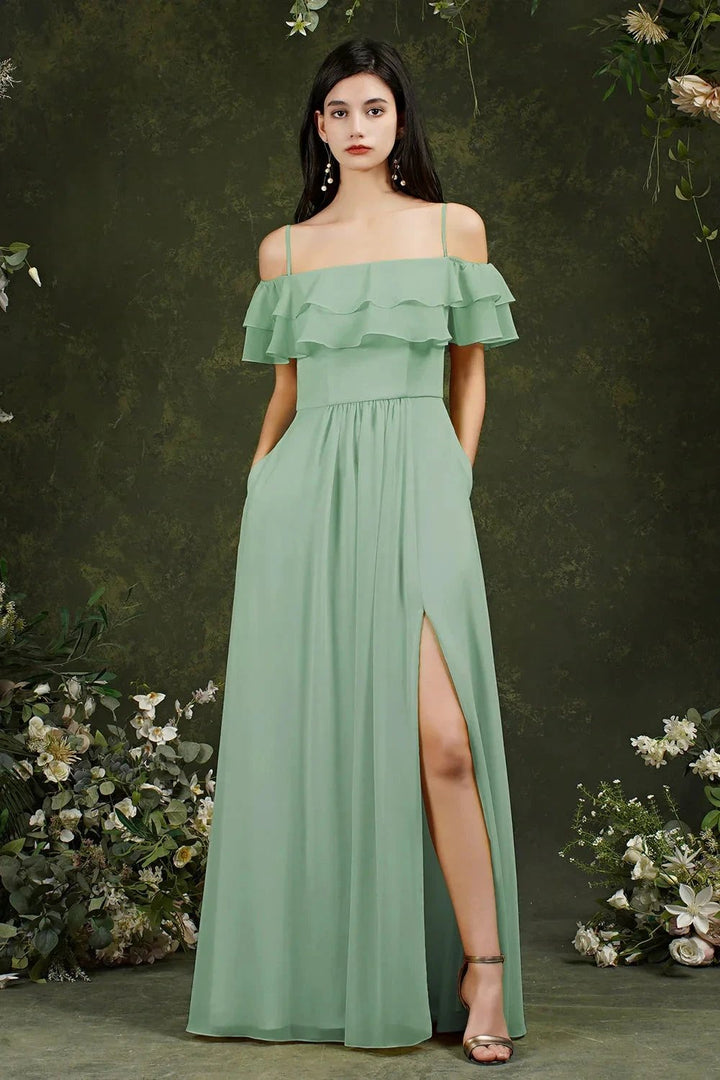 Spaghetti Strapes Off-the-shoulder Split Front Tulle Prom Dress by misshow.com