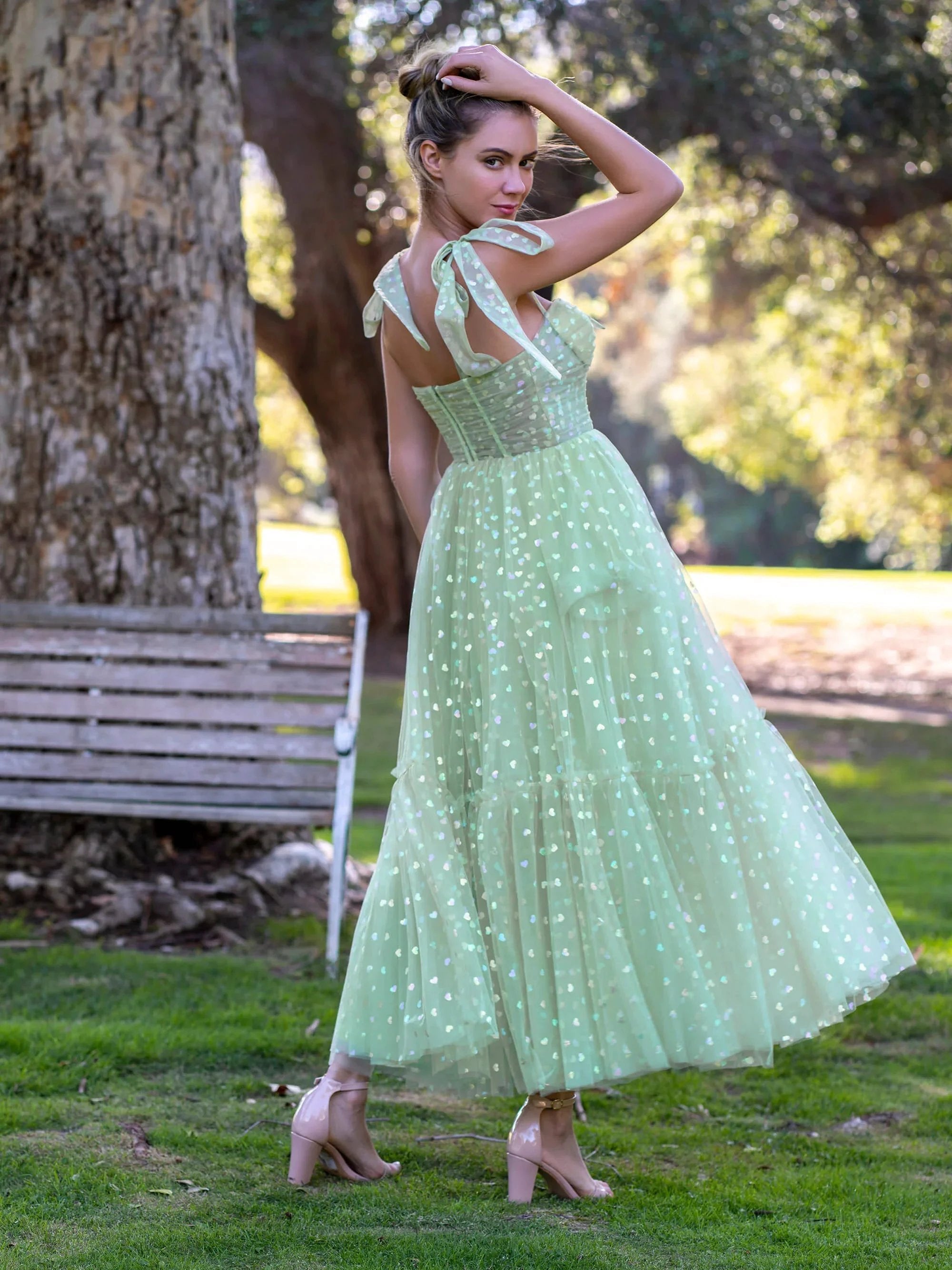 Corset Bow Straps Tulle Glitter Hearts Ankle Length Prom Dress by Anne of Brittany