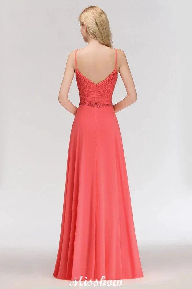 Spaghetti Straps Chiffon Aline Evening Maxi Gown Sleeveless Beading Bridesmaid Dress by misshow.com