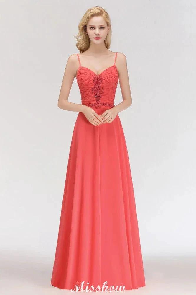 Spaghetti Straps Chiffon Aline Evening Maxi Gown Sleeveless Beading Bridesmaid Dress by misshow.com