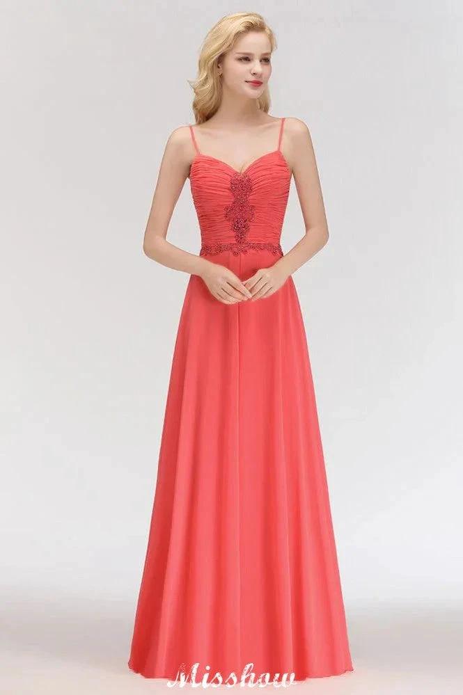 Spaghetti Straps Chiffon Aline Evening Maxi Gown Sleeveless Beading Bridesmaid Dress by misshow.com