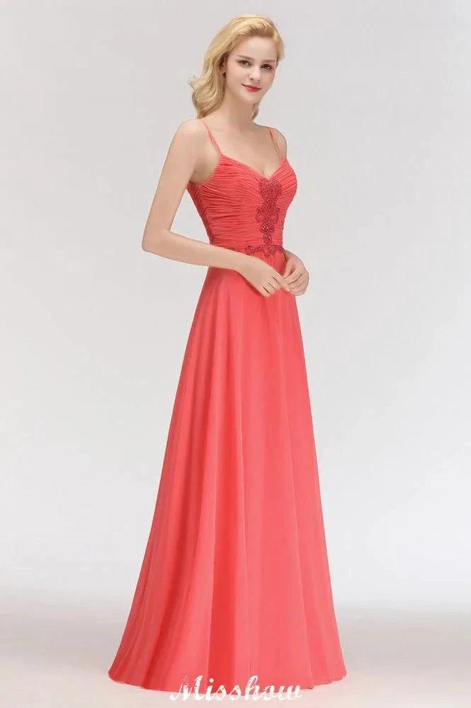 Spaghetti Straps Chiffon Aline Evening Maxi Gown Sleeveless Beading Bridesmaid Dress by misshow.com