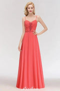 Spaghetti Straps Chiffon Aline Evening Maxi Gown Sleeveless Beading Bridesmaid Dress by misshow.com