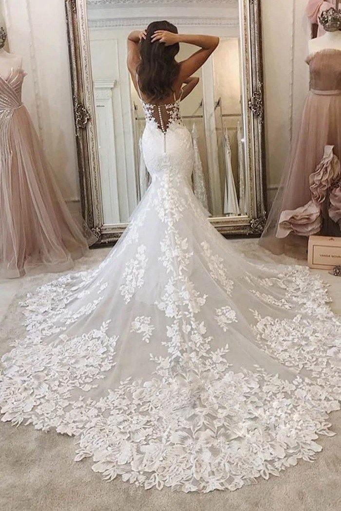 Spaghetti Straps Deep V Neck Mermaid Sweep Train Wedding Dress WD513