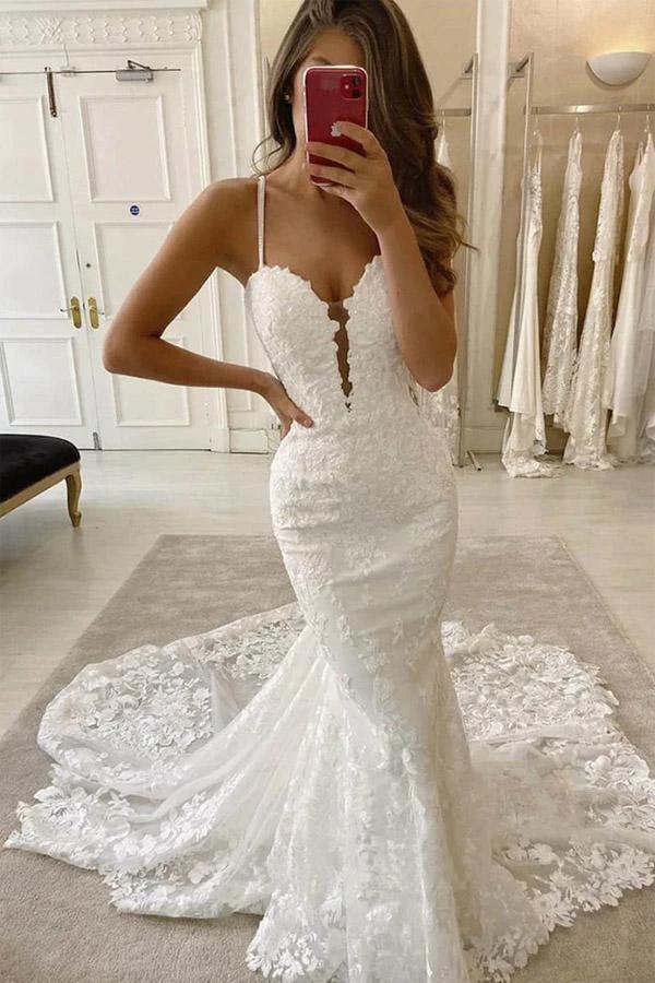 Spaghetti Straps Deep V Neck Mermaid Sweep Train Wedding Dress WD513 by pgmdress