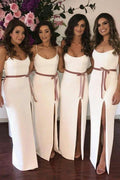 Spaghetti Straps Floor-Length Split Bridesmaid Dress with Sash BD044 by pgmdress