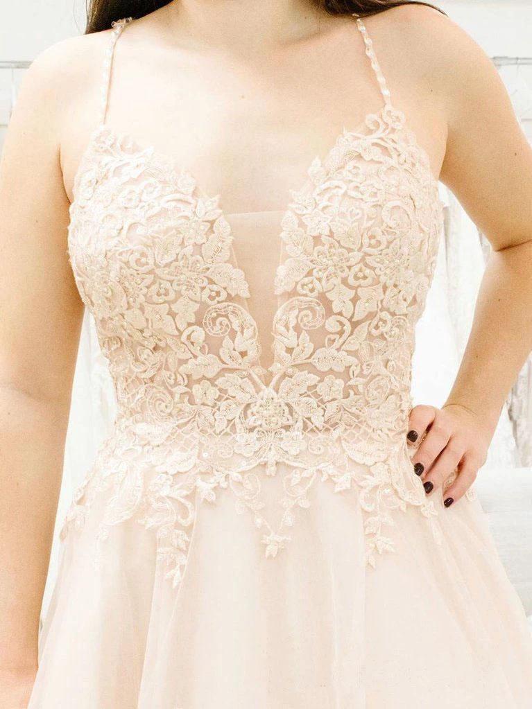 Spaghetti Straps Illusion Plunging V Neckline Wedding Dress WD458 by pgmdress