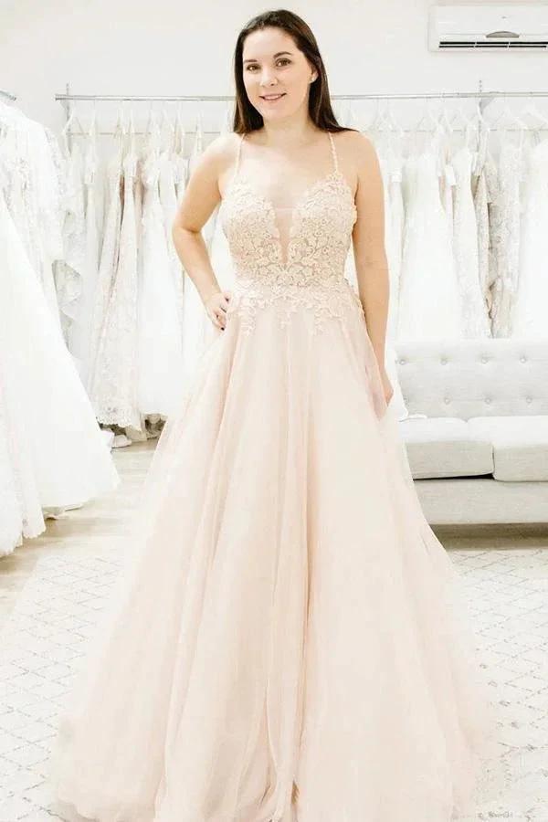 Spaghetti Straps Illusion Plunging V Neckline Wedding Dress WD458 by pgmdress