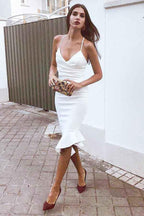فستان كوكتيل/عودة بالبيت ساتان أبيض بطول الركبة بحمالات رفيعة PD076