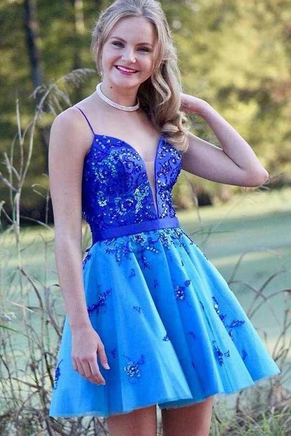 Spaghetti Straps Low Cut Blue Homecoming Dress with Appliques Beading PD198 by pgmdress