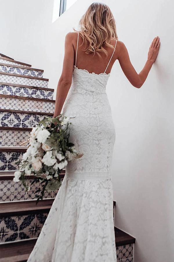 Spaghetti Straps Mermaid All Over Lace Ivory Wedding Dress WD061 by pgmdress