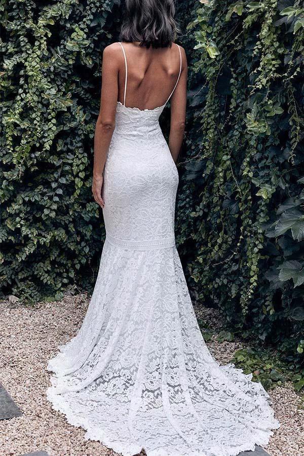 Spaghetti Straps Mermaid All Over Lace Ivory Wedding Dress WD061 by pgmdress
