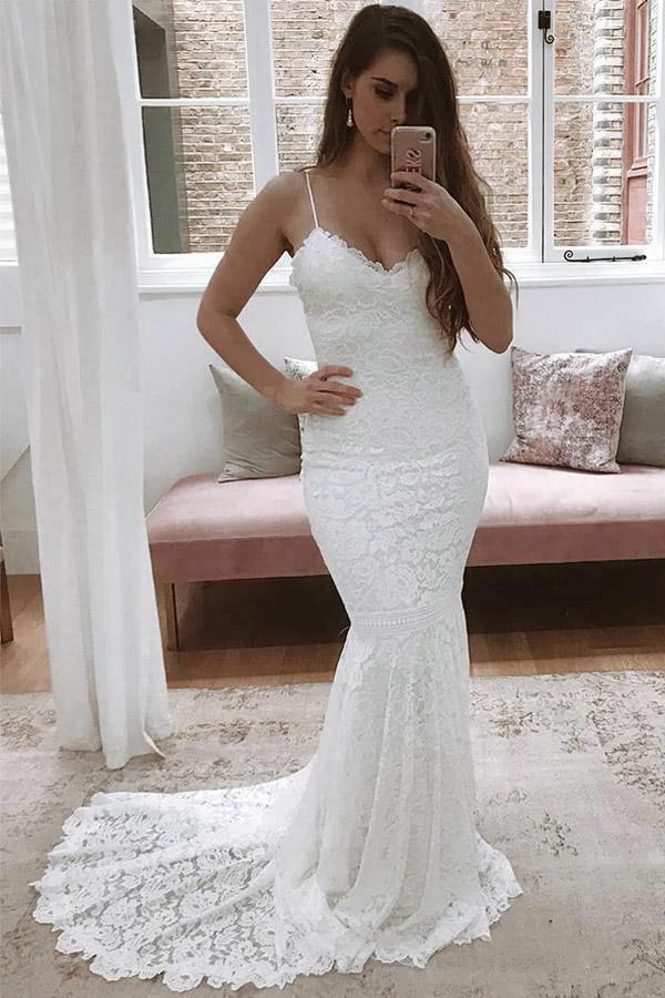 Spaghetti Straps Mermaid All Over Lace Ivory Wedding Dress WD061 by pgmdress