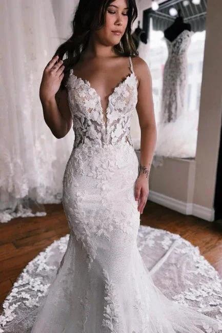 Spaghetti Straps Mermaid Floor Length Lace Wedding Dress with Chapel Train by misshow.com