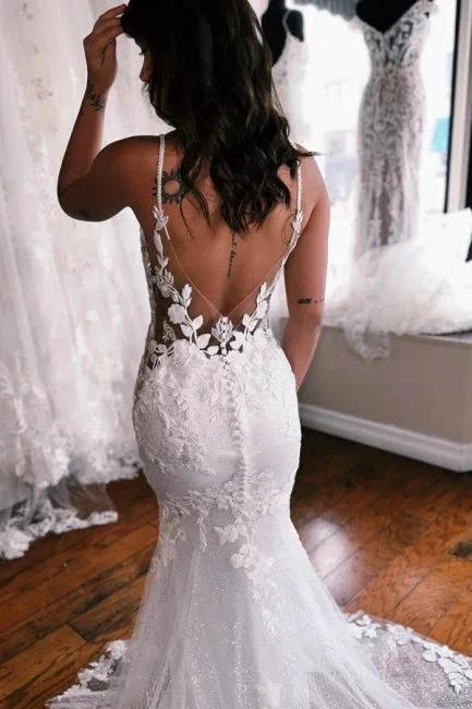 Spaghetti Straps Mermaid Floor Length Lace Wedding Dress with Chapel Train by misshow.com