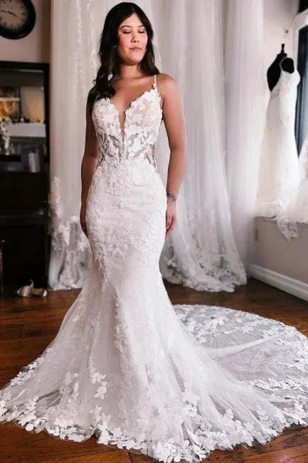Spaghetti Straps Mermaid Floor Length Lace Wedding Dress with Chapel Train by misshow.com