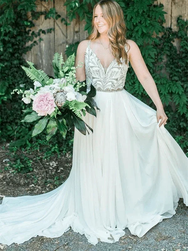 Spaghetti Straps Neckline A-line Rustic Wedding Dresses With Beaded WD549 by pgmdress
