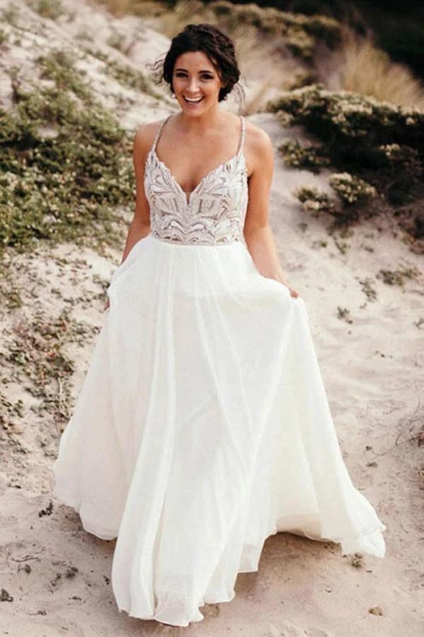 Spaghetti Straps Neckline A-line Rustic Wedding Dresses With Beaded WD549 by pgmdress